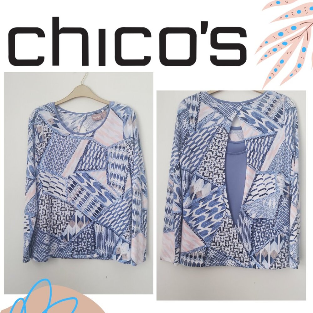 CHICO'S Blue Abstract Print Light Sweater Top w/ Tank Top Underlay Women Size S